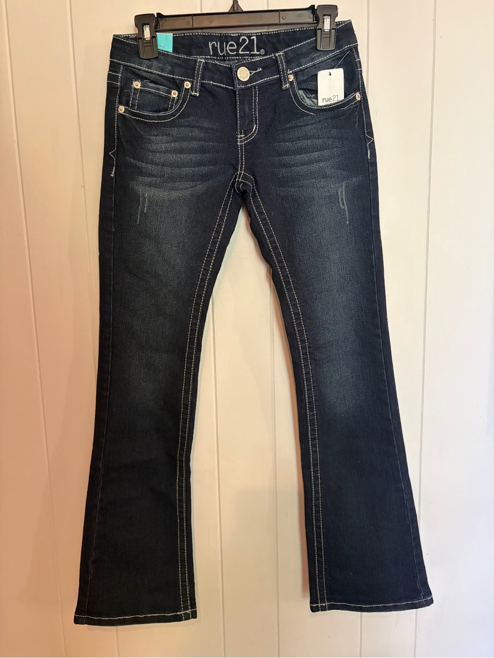 Rue21 Dark Blue Y2K Low-Rise Bootcut Jeans with Contrast Stitching NWT